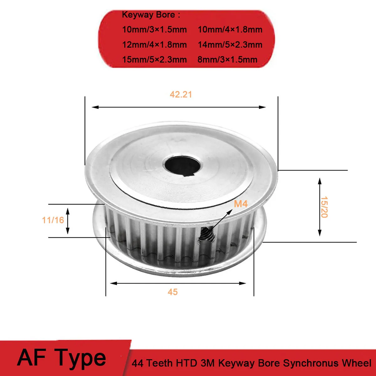

1pcs 44 Teeth HTD 3M Timing Pulley AF Type Bore 8 - 15mm Keyway Synchronus Wheel Width 7 11mm Aluminium Idler Pulley