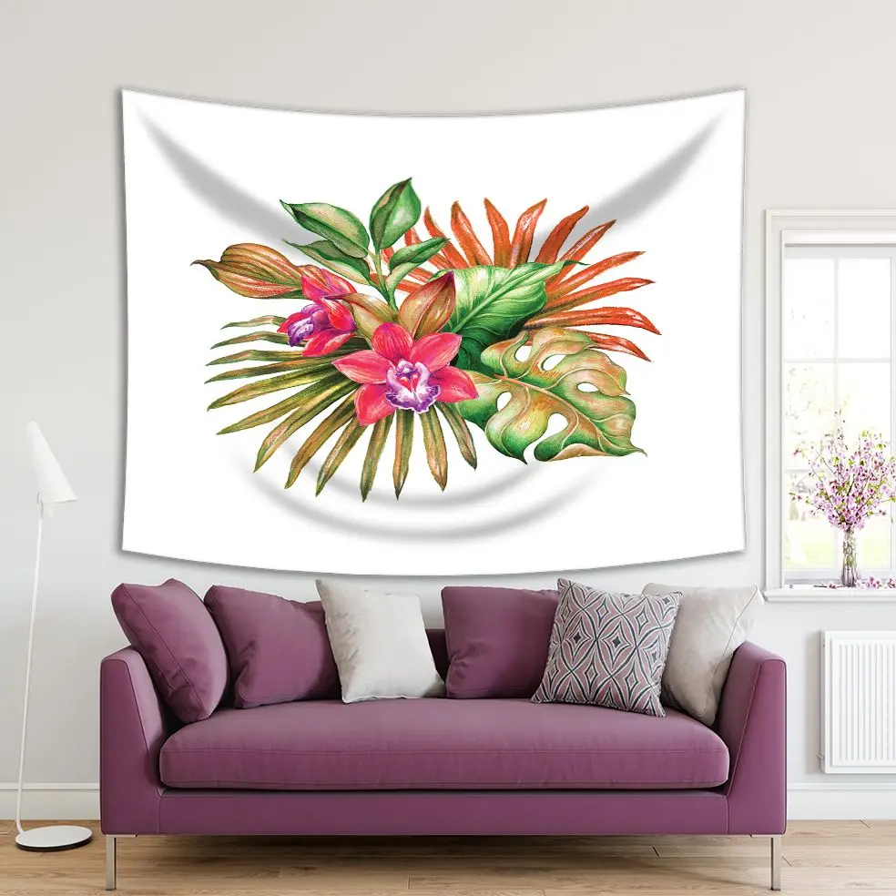Гобелен тропический букет с большими листьями цветы орхидеи ботанический