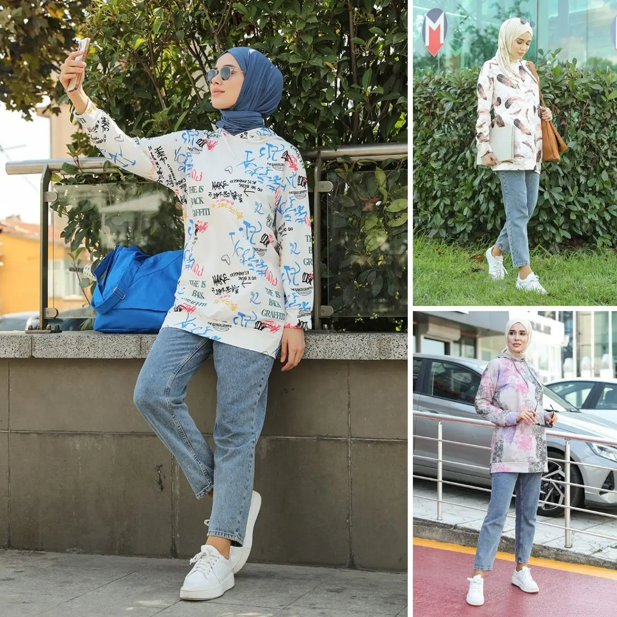 

Patterned Printed Hoodie Tunic Sweatshirt Unlined Long Sleeve Seasonal Women Muslim Fashion Hijab Clothing