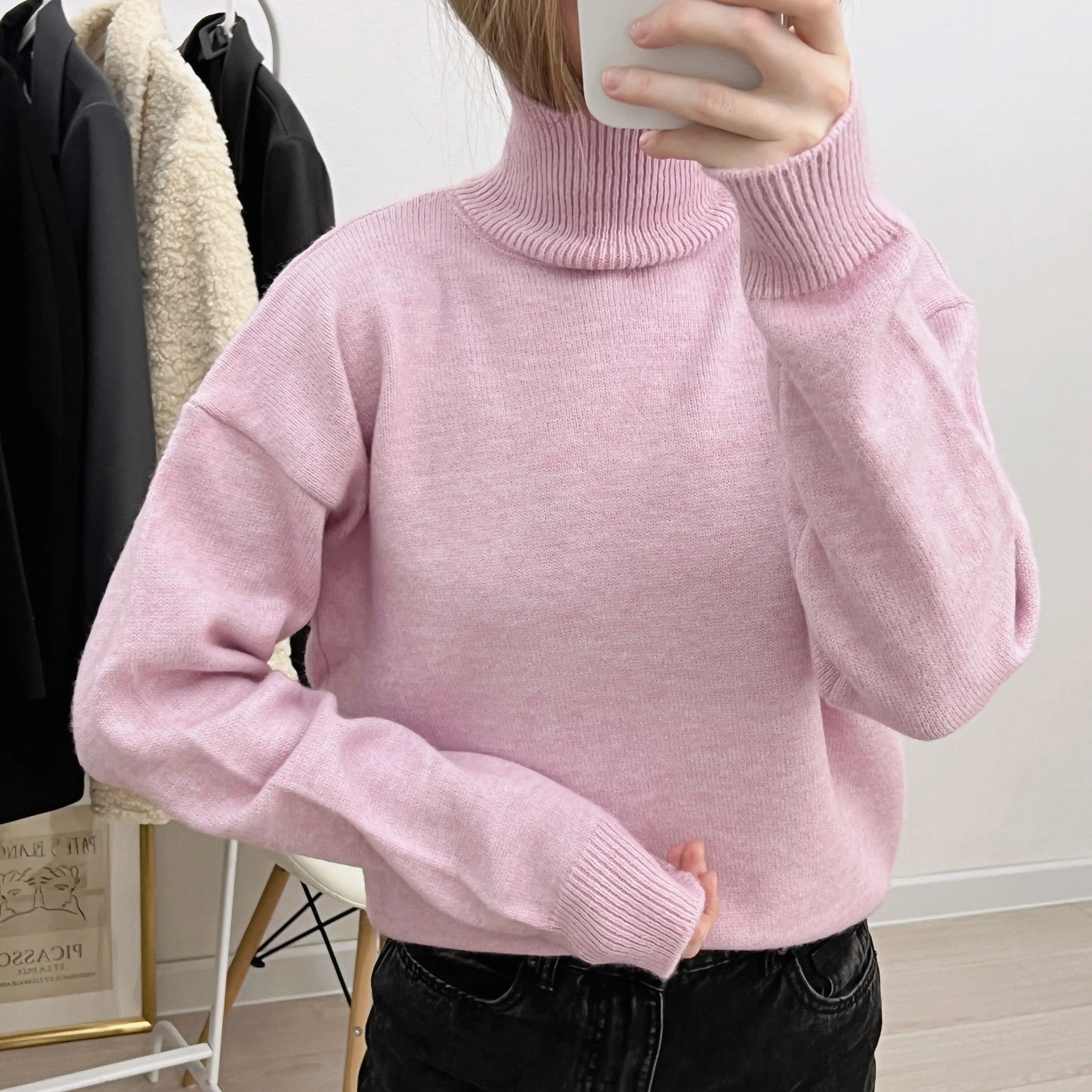 

2021 Turtleneck Collar Sweater Spring Autumn New Pattern Long Sleeve Solid Knitting Pulloveres Overszie Casual Women pink purple