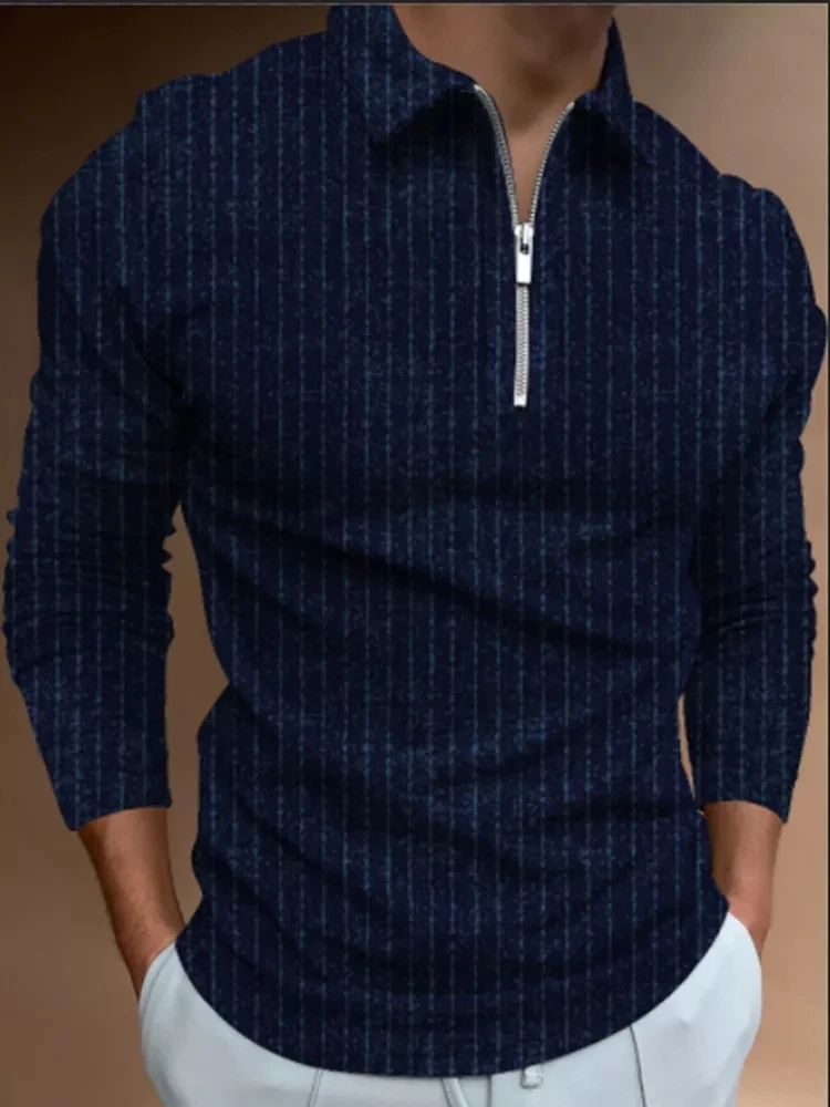 

Polo de Color sólido para hombre, camiseta a rayas a la moda de otoño, Camiseta con cuello vuelto con cremallera, Tops informale