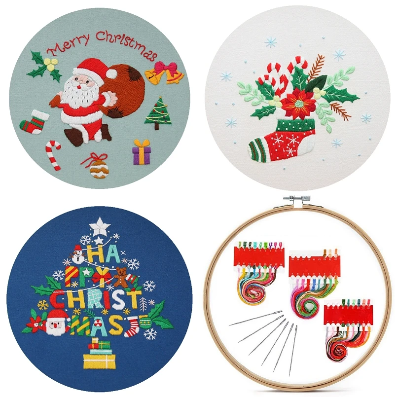 

3 Pcs Christmas Embroidery Kit with Embroidery Frame Embroidery Needle Embroidery Fabric Craft Kits DIY Kit English Instruction
