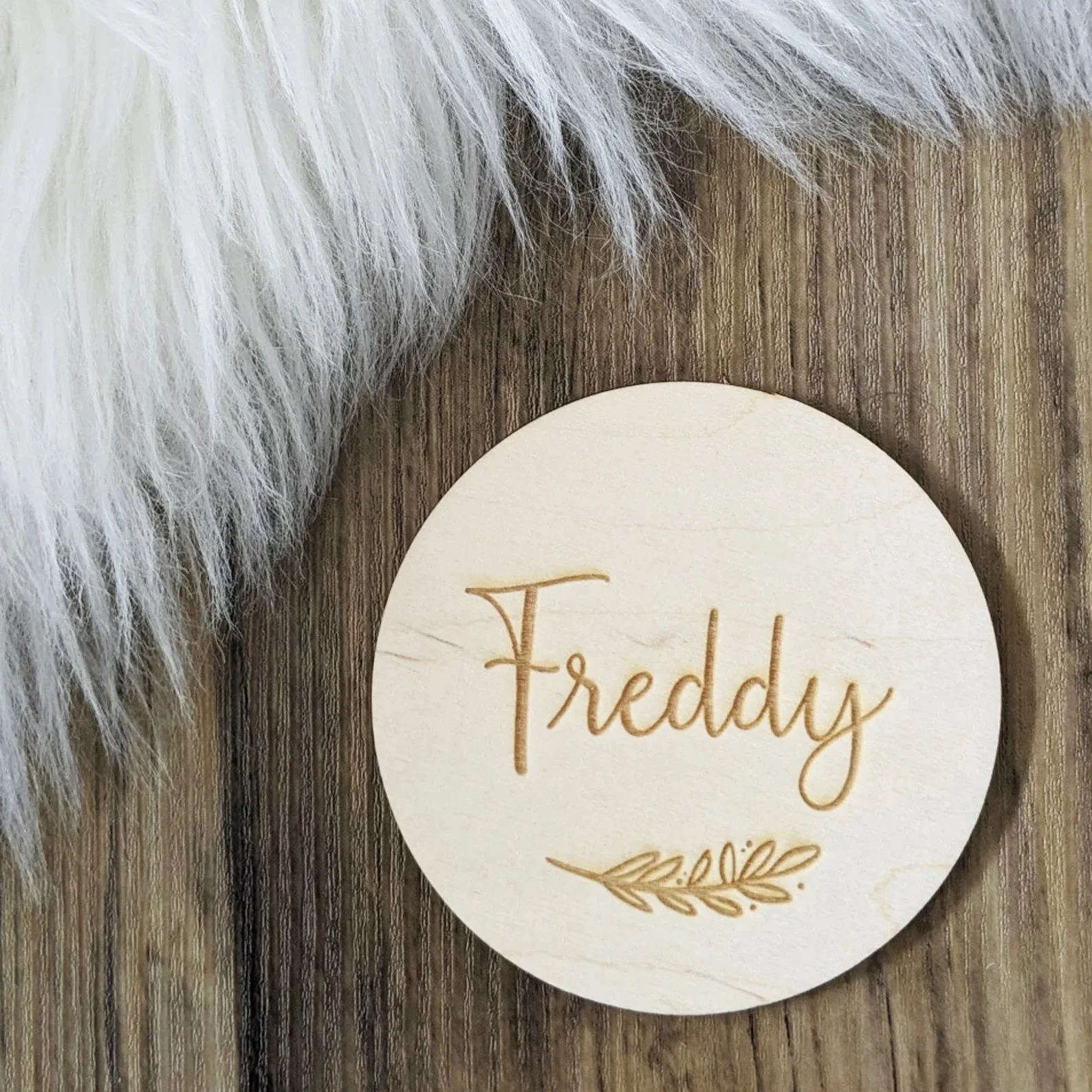 

Personalised Name Wooden Disc Engraving | Engrave Your Name on Wood | Custom Made Gift | Baby Flat Lay | Baby Shower Gift