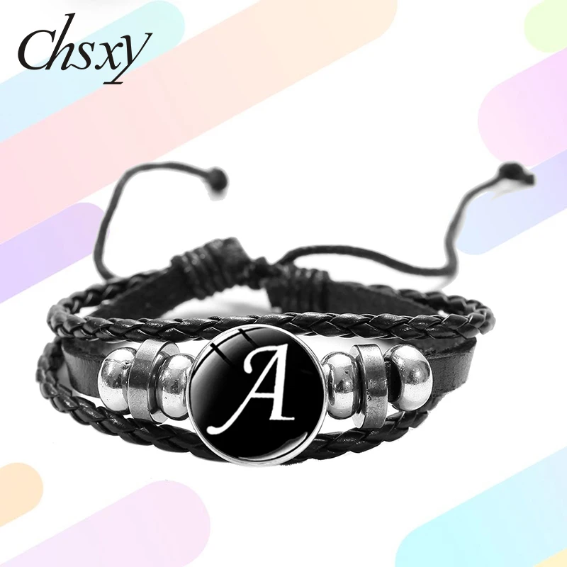 

CHSXY 26 Letter Alphabet Initial Leather Bracelets for Women Men Adjustable Rope Chain Handmade Glass Snap Button Charm Bracelet