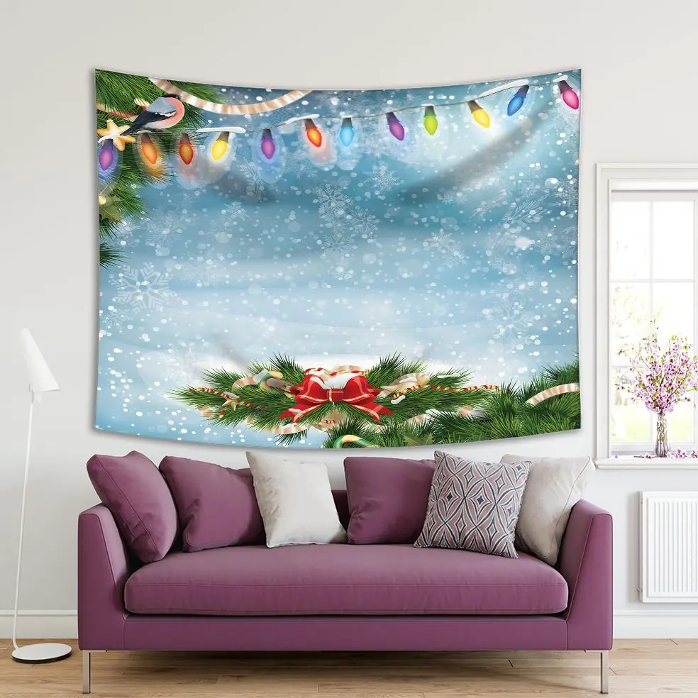 

Tapestry Christmas Fir Tree Branches with Snowflakes Celebration Theme on Blue Background White Green Red Colorful Vintage Art