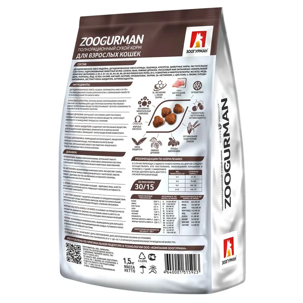 Зоогурман / Полнорационный сухой корм Hair &amp Beauty Птица Роскошная шерсть Для