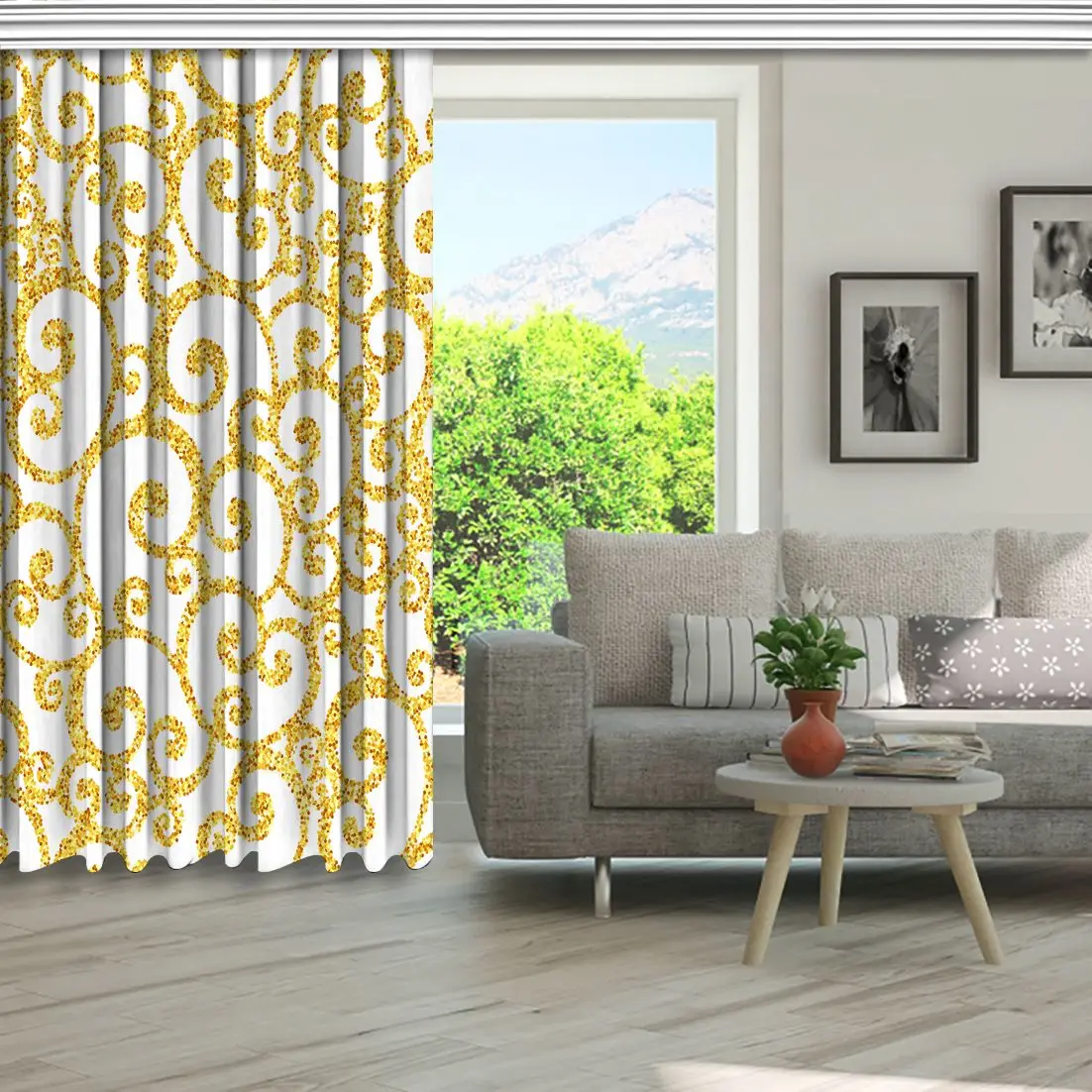 Занавес Золотой филигранный вихревой узор на белом фоне винтажное цветочное