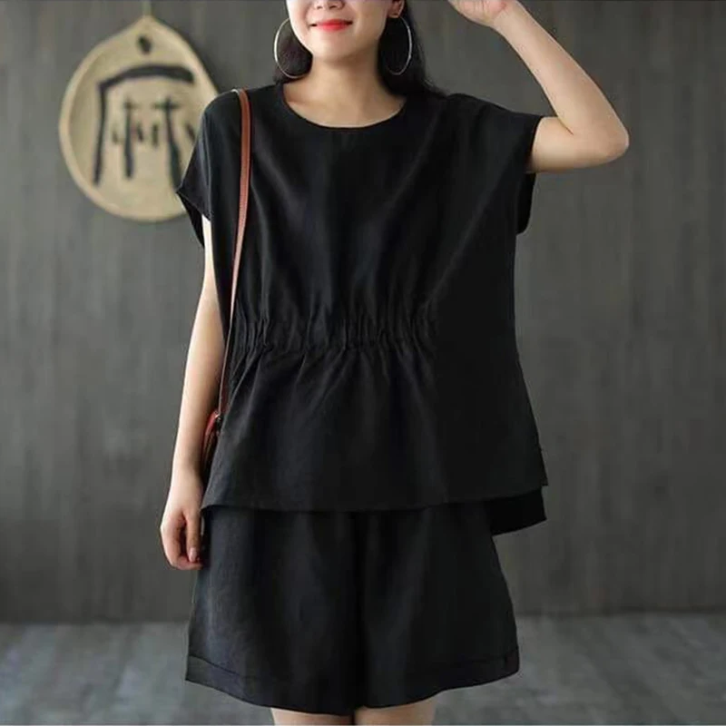 

2022 new Cotton Linen Women Summer Set Of Top With Shorts Blue 2 Piece Set Female Casual Shorts Suits Pocket Shirt Outfit