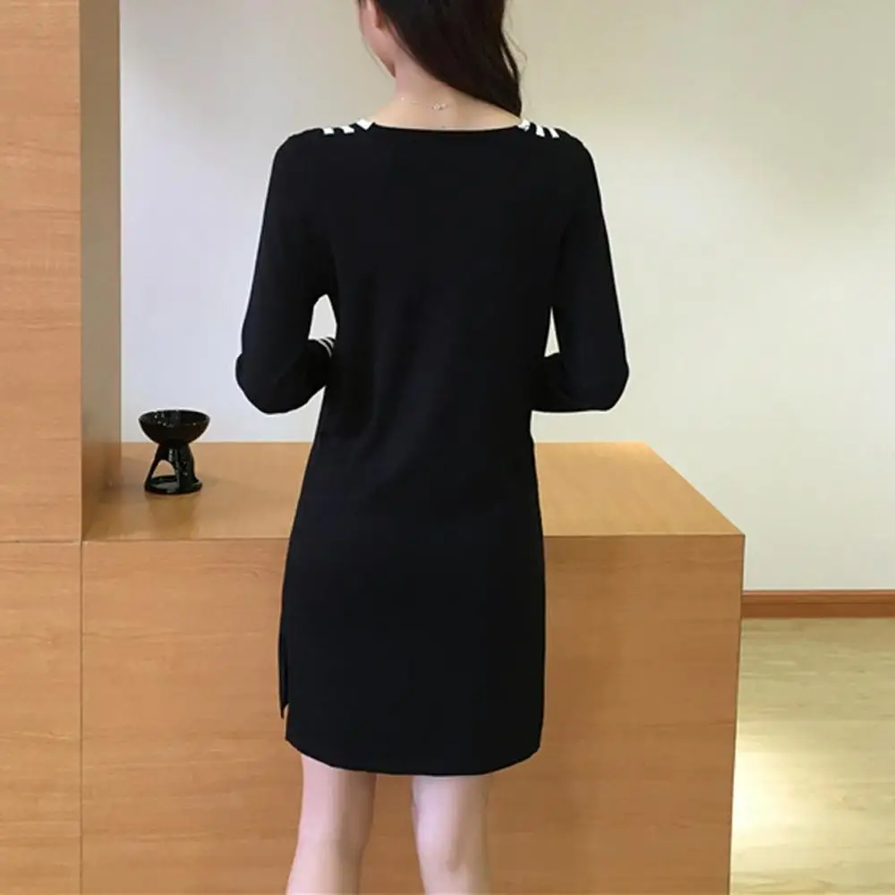 Women Dress Winter Autumn Korean Elegant V Neck Long Sleeve Sweater Female Casual straight Slip Mini Knitted Dresses | Женская одежда
