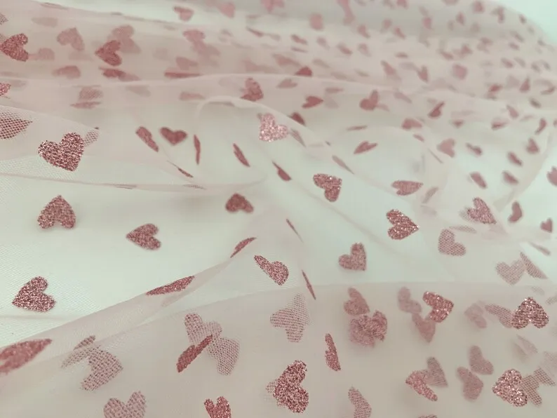 

1 Yards PInk Tulle With Sweethearts For Dress, Costume, Sparkle Prints Tulle For Dress, Party Decors, Wedding Decors