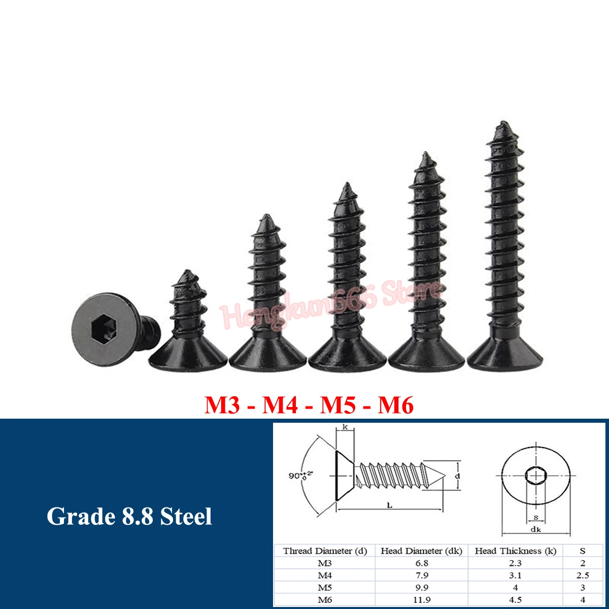 

M3 M4 M5 M6 Hexagon Hex Socket Countersunk Self Tapping Screws Flat Head Allen Wood Screw Grade 8.8 Steel Black