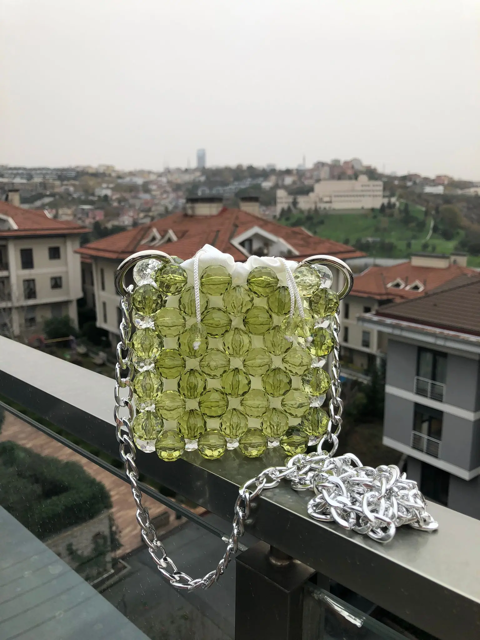 Mini Women's Bag Beads Knitted Transparent Green Color Shoulder Strap Chain Lined Crystal Luxury Ladies Purse Girl Accessory