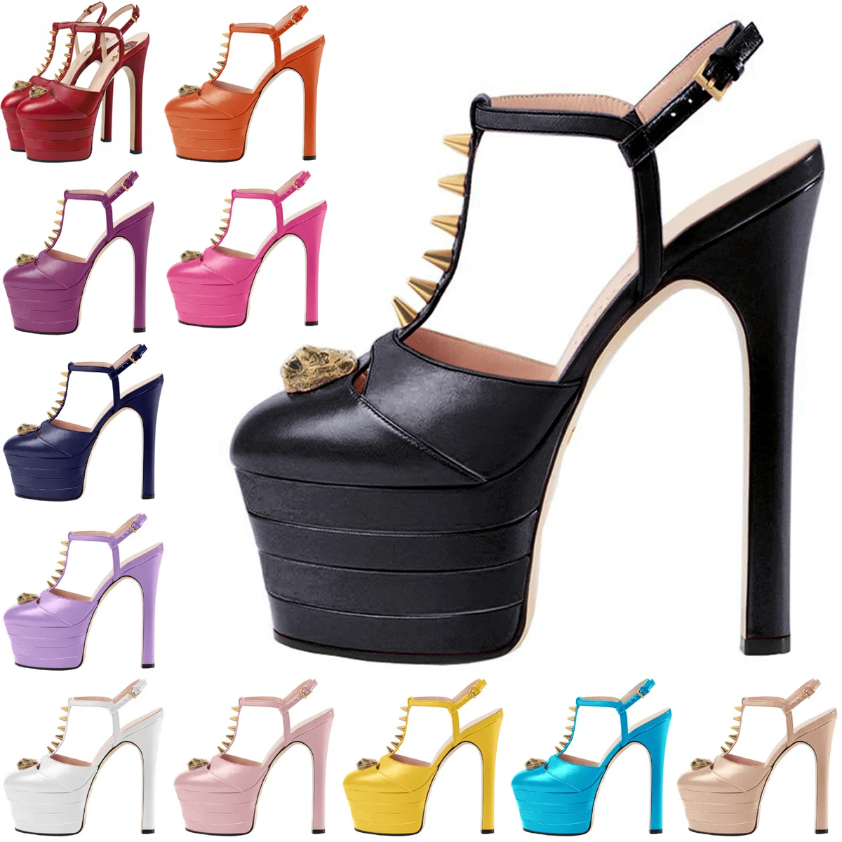 

Женские босоножки на высоком массивном каблуке с заклепками и Т-образным ремешком