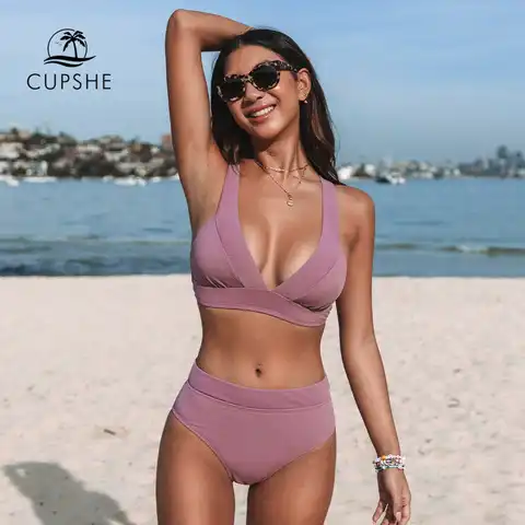 CUPSHE Tall Triangle High Waist Bikini Set Swimsuit For Women Solid Pink Sexy Two Pieces Beachwear 2023 Bathing Suit Swimwear
