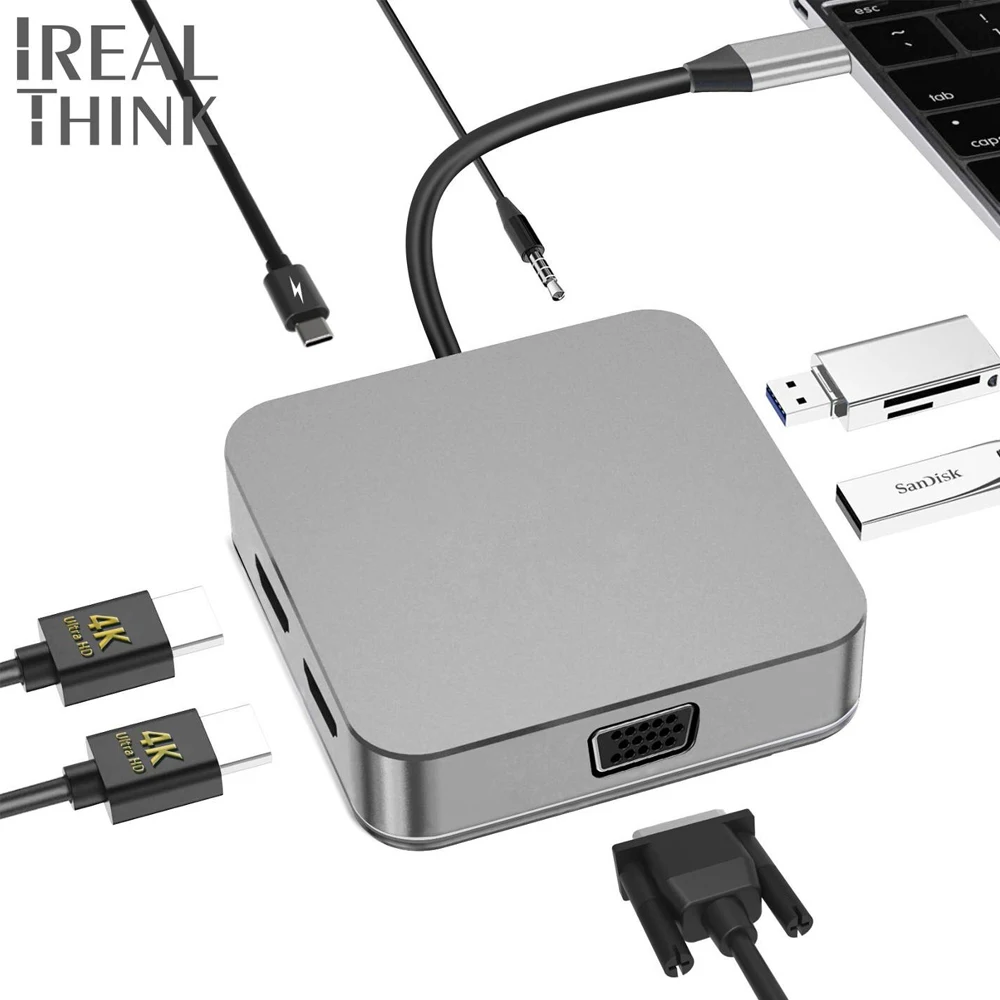 

IRALTHINK Type C USB C Hub Dual Monitor Display Adapter Macbook Pro hub Universal Docking Station Splitter USB 3.0 HUB