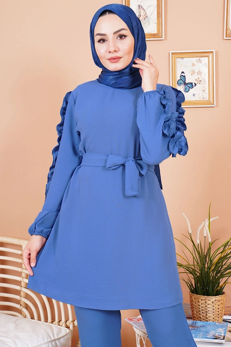 Женский комплект из двух предметов топ и брюки с оборками длинным рукавом