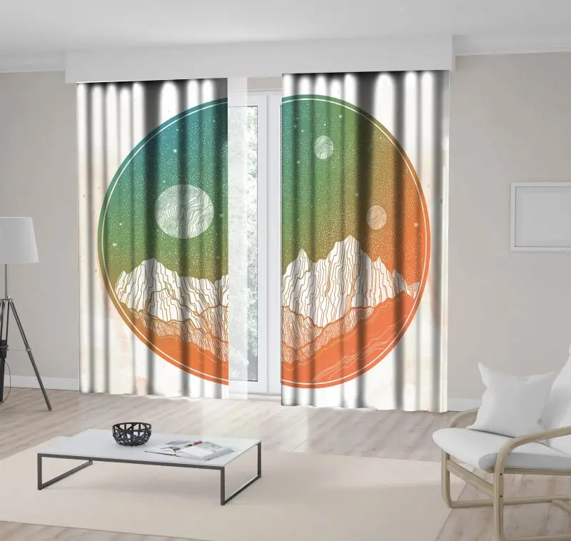 

Curtain Mountains and Night Sky Stars Moon Planets in Circle Shape Surrealistic Artwork Orange Green White