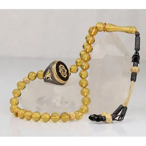 Затянутое Янтарное кольцо с ониксом Kazaz Tasbih, комплект из кольца, зажим для галстука