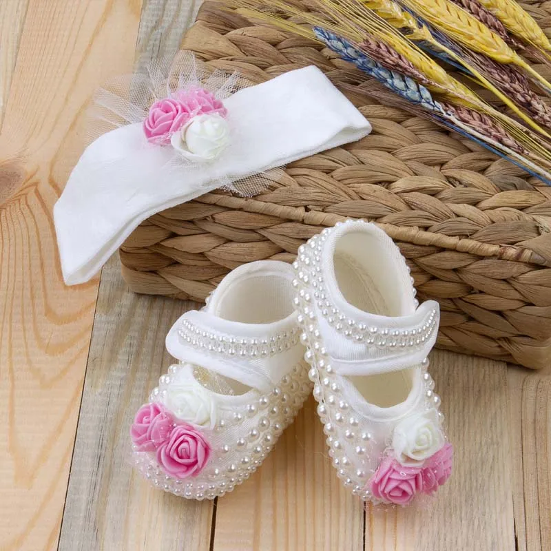 

Modakids For Pink Pearls in replace of Newborn Baby Girl Shoes Headband Set Bead Embroidered Floral Pattern Baby and Mom Gift Stylish Design