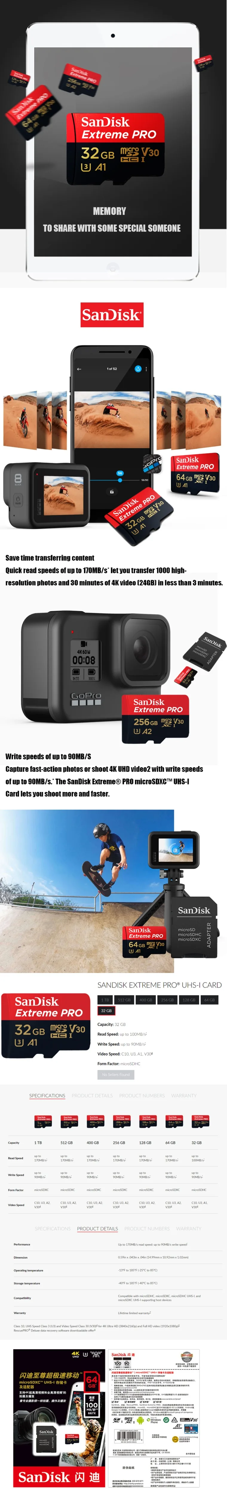 Карта памяти SanDisk Extreme Pro microSD 32G 64G 128G 256G microSDHC/microSDXC UHS-I U3 с адаптером SD для планшета DJi 170 МБ/с