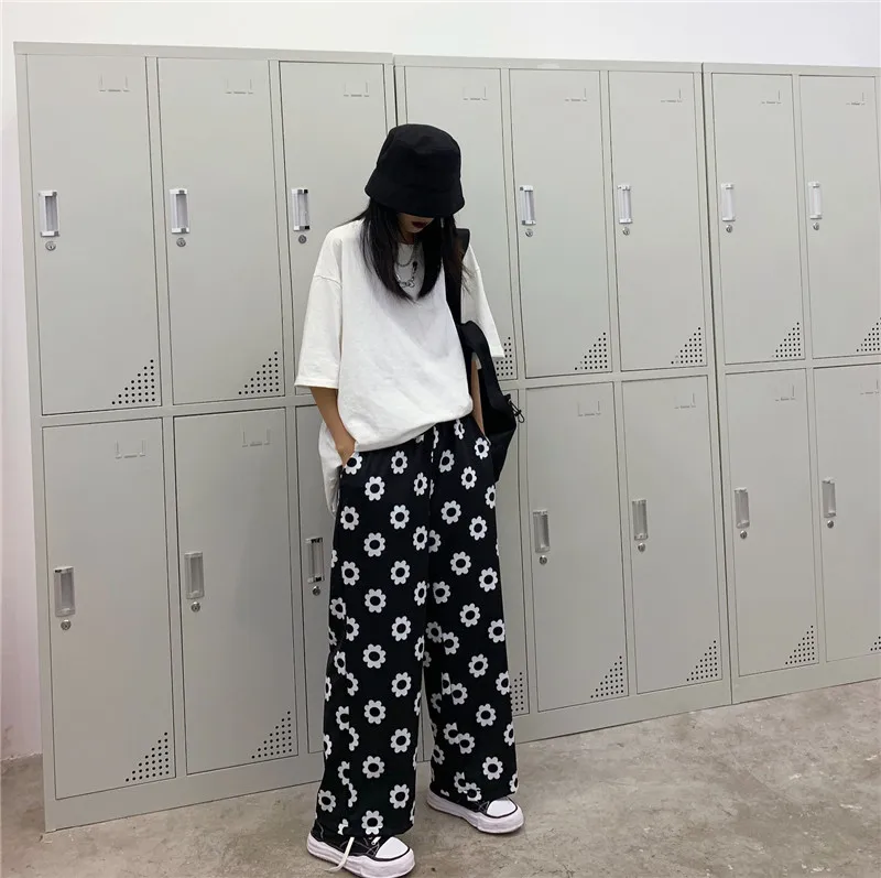 New Summer Daisy Flower Print Pants Korean Version Harajuku Style Loose Pants Full Length Pants Streetwear Wide Leg Pants