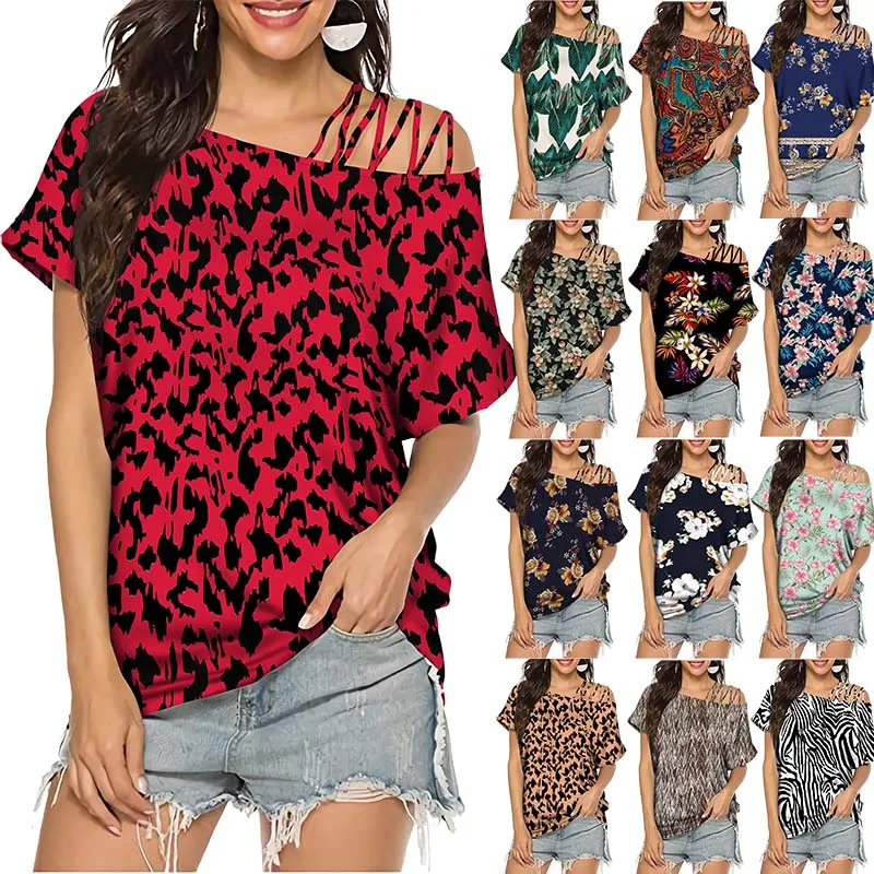 Женская свободная футболка с коротким рукавом открытыми плечами и круглым