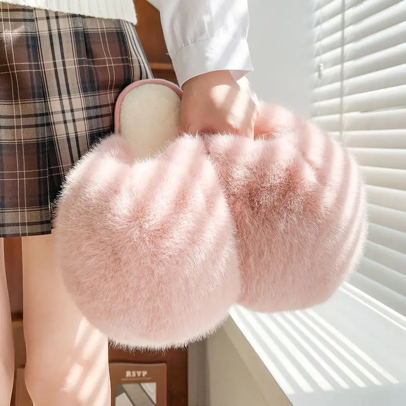 Шлепанцы женские из искусственного кроличьего меха пушистые сандалии с закрытым