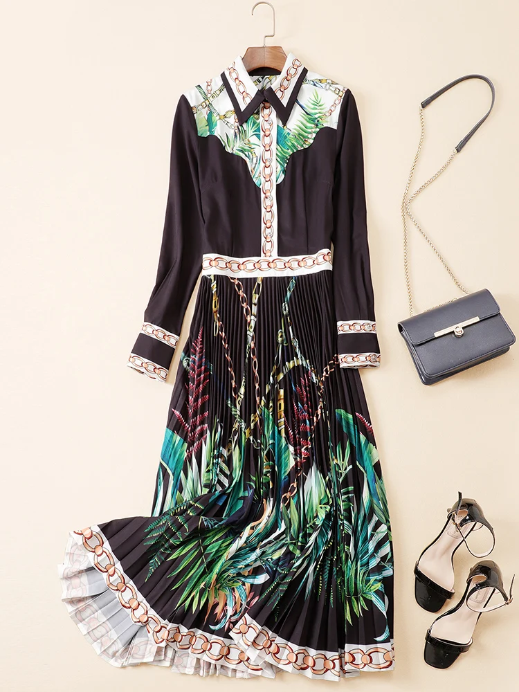 Runway Dresses Turn Down Collar Long Sleeves Printed Pleated Fashion Designer Casual Autumn | Женская одежда