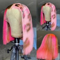 cheetah color pink ombre lace front human hair wigs pink highlight pre plucked brazilian remy transparent lace wigs women
