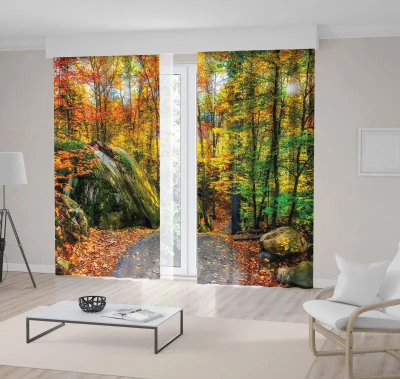 

Curtain Path through a Rocky Forest Sun Shining Autumn Day Woodland Nature Landscape Green Orange View Printed