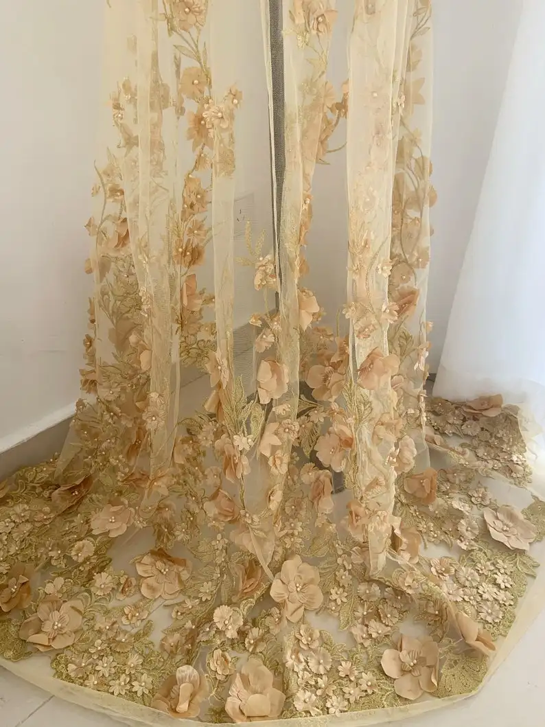 

1yard Gold Lace Fabric With 3d Flowers, Heavy Bead Tulle Lace Fabric With 3d Florals Bridal Dress Fabric Costume Dress