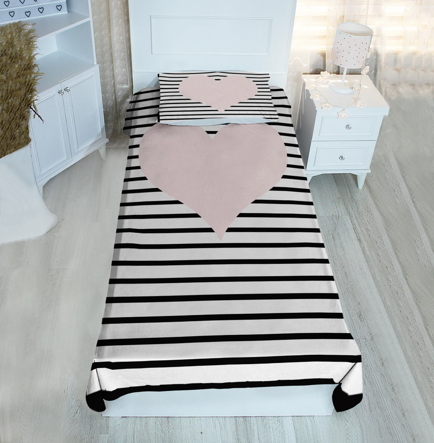 

White single bed cover black line pink heart patterned velvet fabric Free Shipping quality product kids room decoration