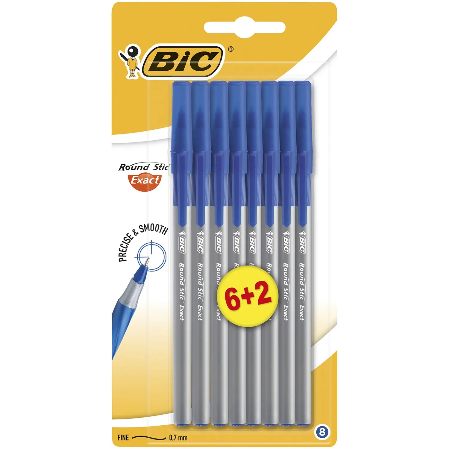 Набор ручек BIC шариковых Round Stic Exact синий 6+2 штуки |
