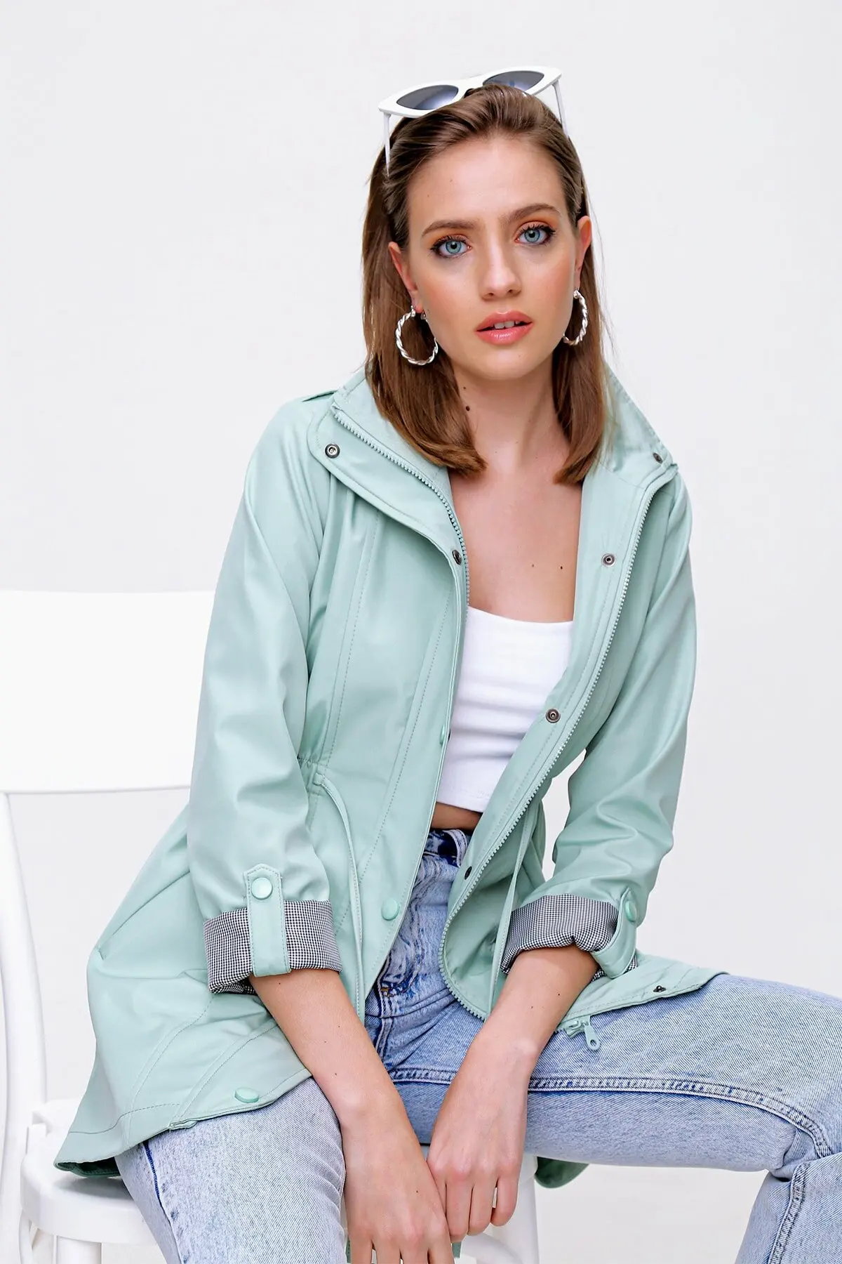 

Women's Trench Coat Waist Shirred Pocket Detail Coat-65