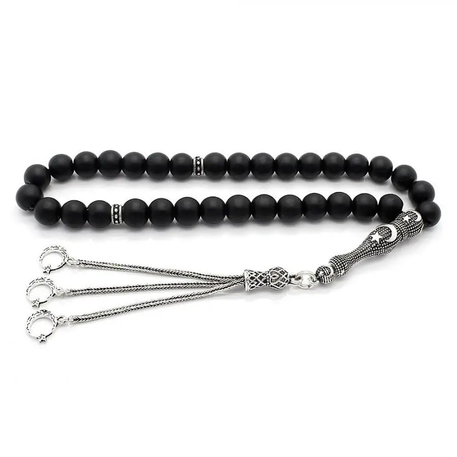 

Розария из оникса (Tasbih) с серебряным полумесяцем, звездой, кисточкой, модная Турецкая Высококачественная ручная работа