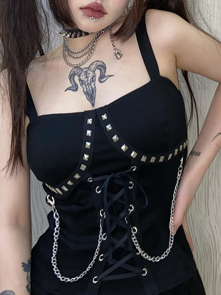 Женский топ с заклепками InsDoit черный облегающий в готическом стиле без рукавов на