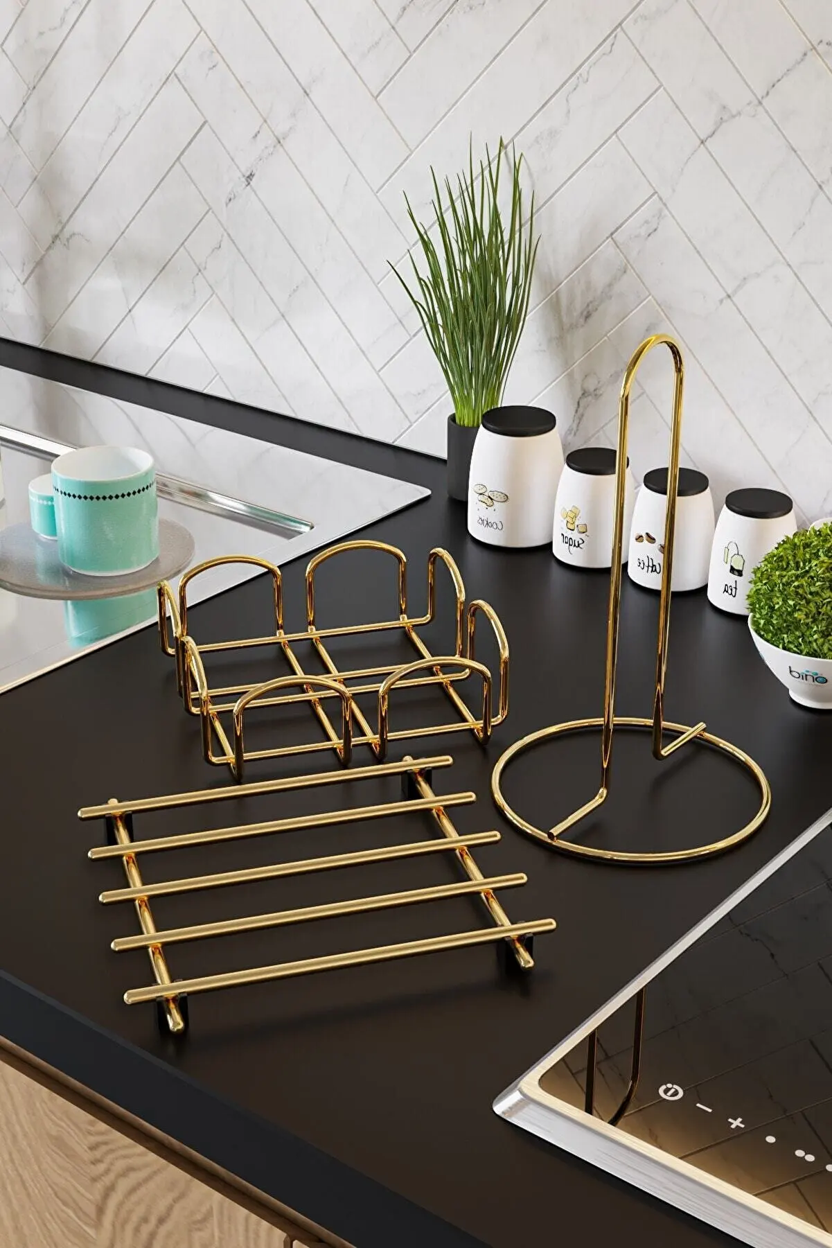 

Kitchen Serving Set 3 Piece Towel Holder Napkin Holder Trivet Gold Color Stainless Steel Kitchen Accessories Practical Decorative