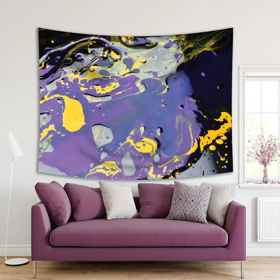 

Tapestry Paint Splashing on Dark Surface Creative Abstract Modern Artwork Printed Blue Lilac Yellow