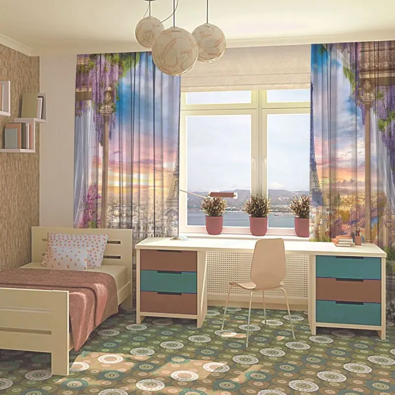 Занавеска с панорамным видом на Эйфелеву башню восхода солнца террасы цветастое