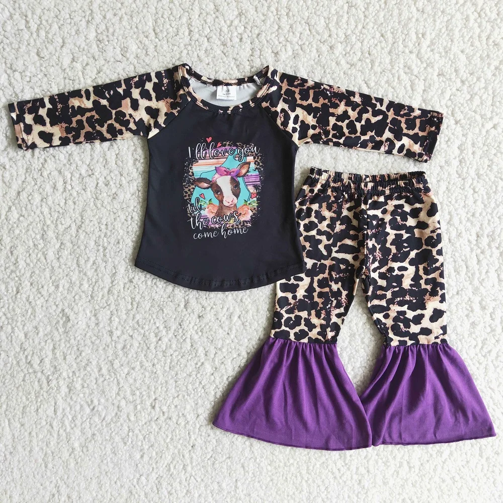 

Hot Sale Cartoon Cow Fall Style Baby Kids Winter Outfit Leopard Long Sleeve Shirts Girls Heifer Clothes