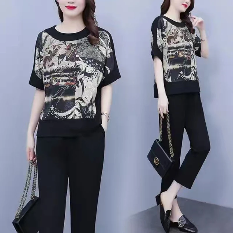 

Новинка лета 2022, модный костюм, Женская свободная футболка с коротким рукавом, облегающие брюки с вышивкой и принтом, комплект из двух предметов