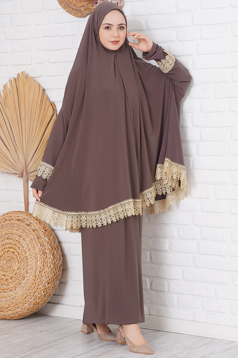 

Women Guipure Detailed Prayer Set Ramadan Eid Hooded Muslim Hijab Dress Jilbab Abaya Long Khimar Full Cover Dress Islamic Niqab