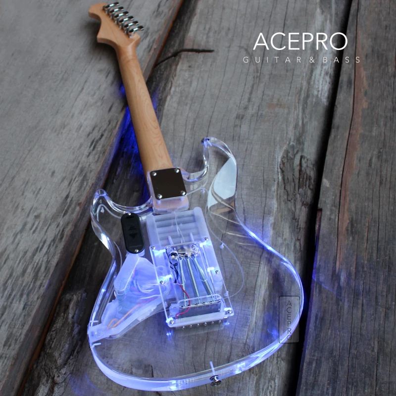 New Arrive Acepro LED Light Electric Guitar Acrylic Body Blue Transparent Pickguard &amp Knobs 3 Single Pickups Maple neck | Спорт и