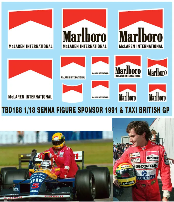 1/18 AYRTON SENNA фигурка спонсора и такси 1991 Британский F1 наклейки TB наклейка TBD188 |