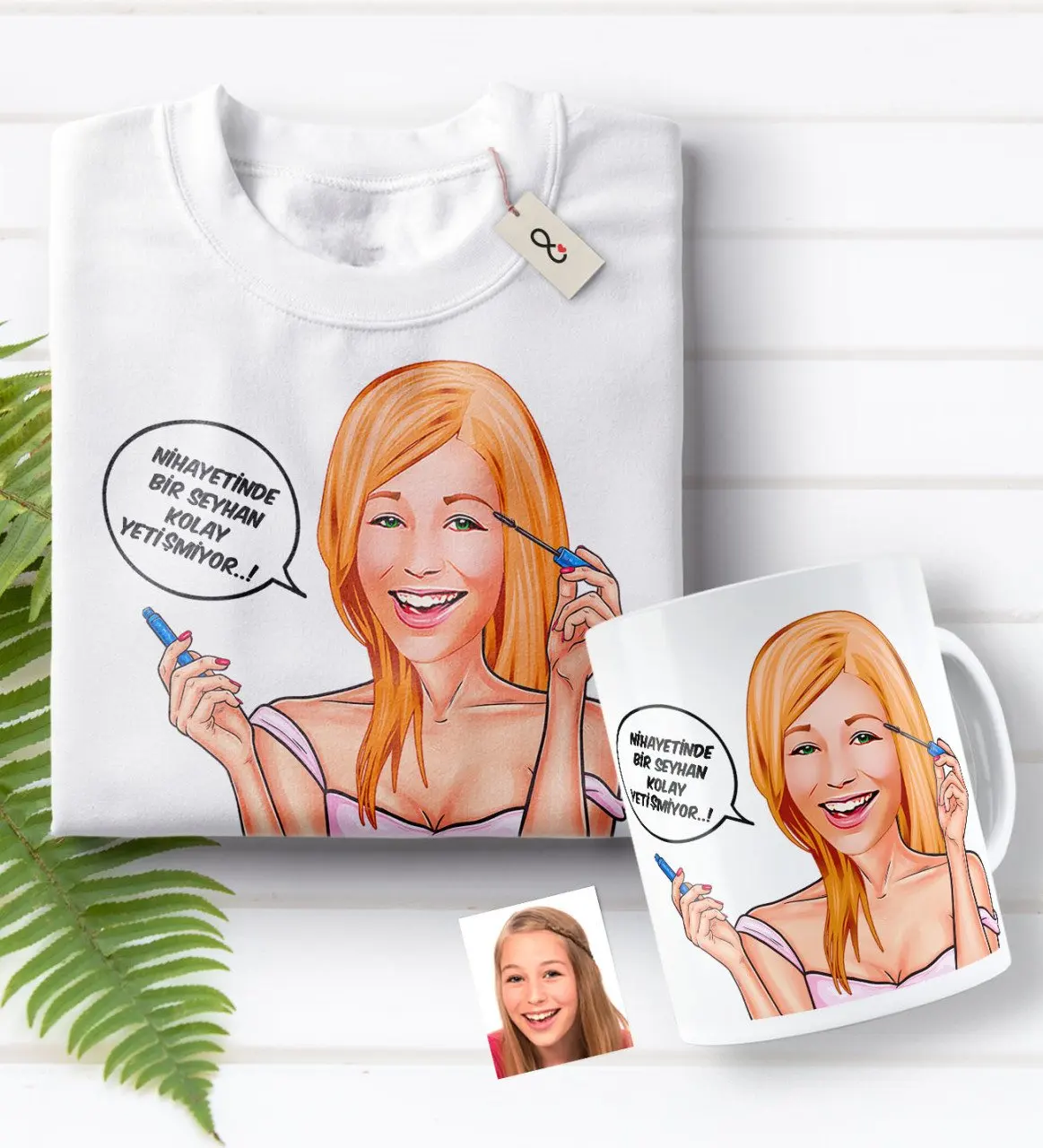 

Personalized Women 'S Easy Grow Caricature Of White T-shirt And Mug Seti-7