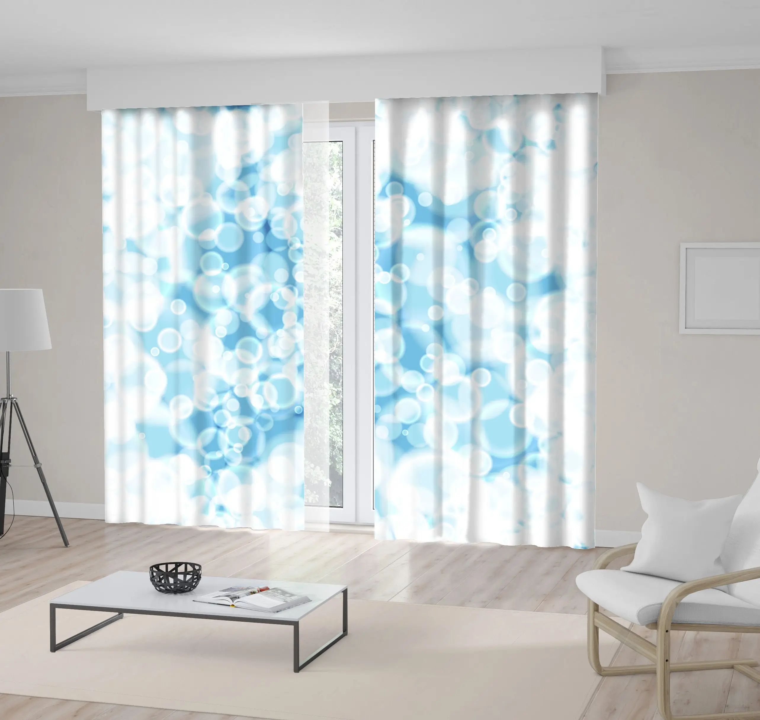

Curtain Bubbles Lights Becomes Blurred Sunny Day Magical Holiday Celebrating Theme Art Printed Blue White