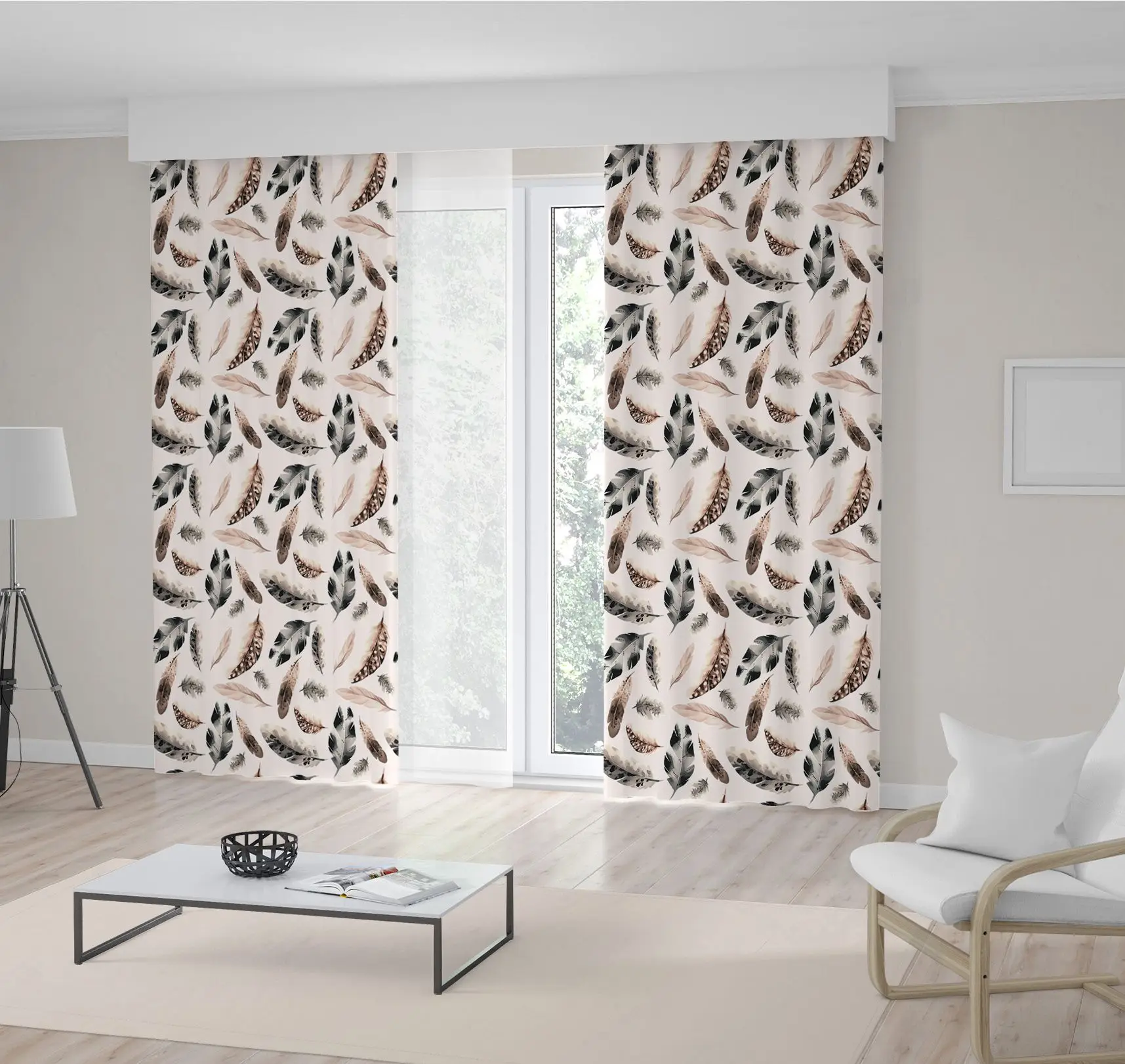 

Curtain Bird Feathers in Brown and Black Colors Watercolor Simple Modern Rustic Nature Themed Artwork Printed