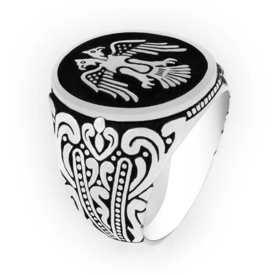 

Men's Handcrafted Black Animal Eagle Pattern Silver Ring, Seljuk Empire Solid 925 Quality Unusual Charming New Impressive Design