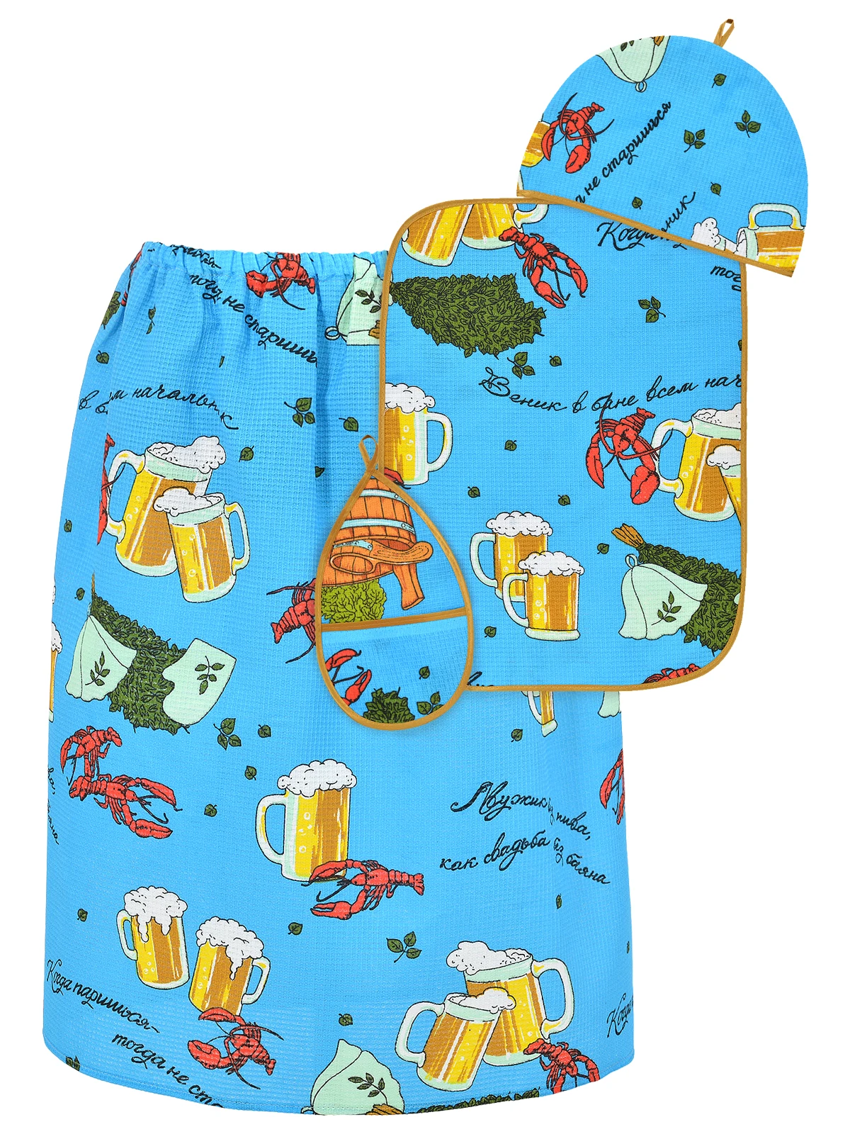 Набор четырехпредметный Сауна КИЛТ ШАПКА КОВРИК-СИДЕНИЕ УХВАТКА 100 % хлопок