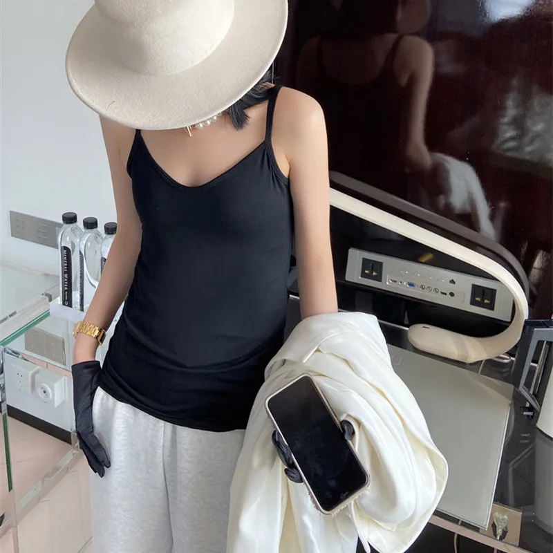 

Женский тонкий топ на бретелях-спагетти, летний простой эластичный хлопковый однотонный облегающий Топ 2022